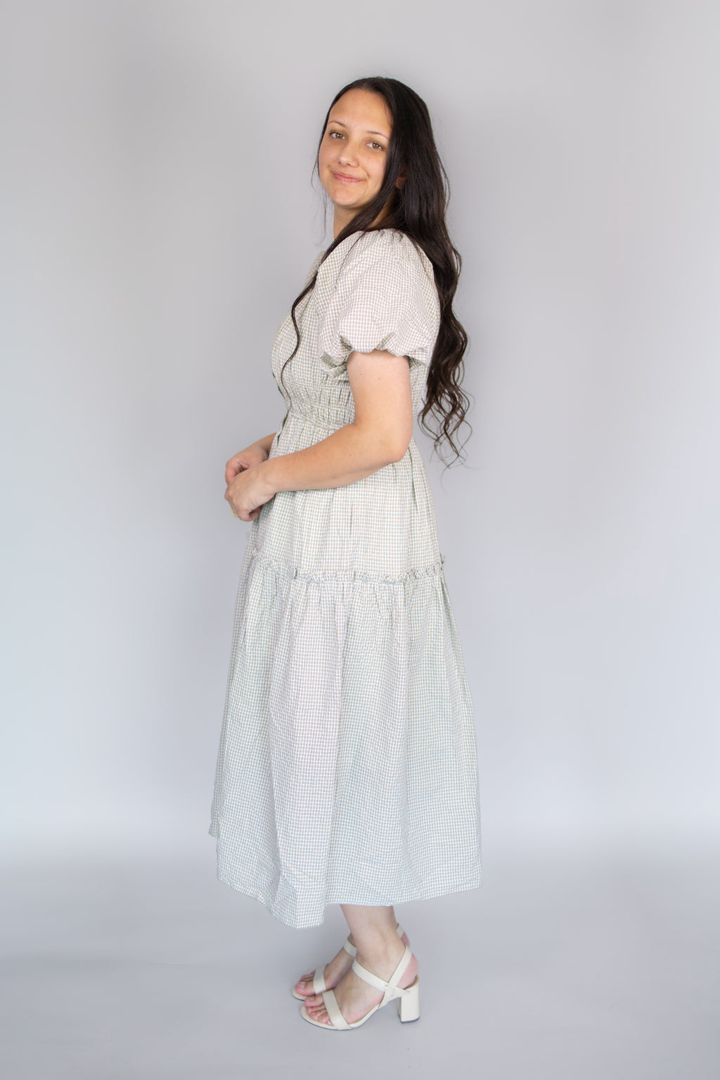 Lena Midi Dress in Beige Gingham