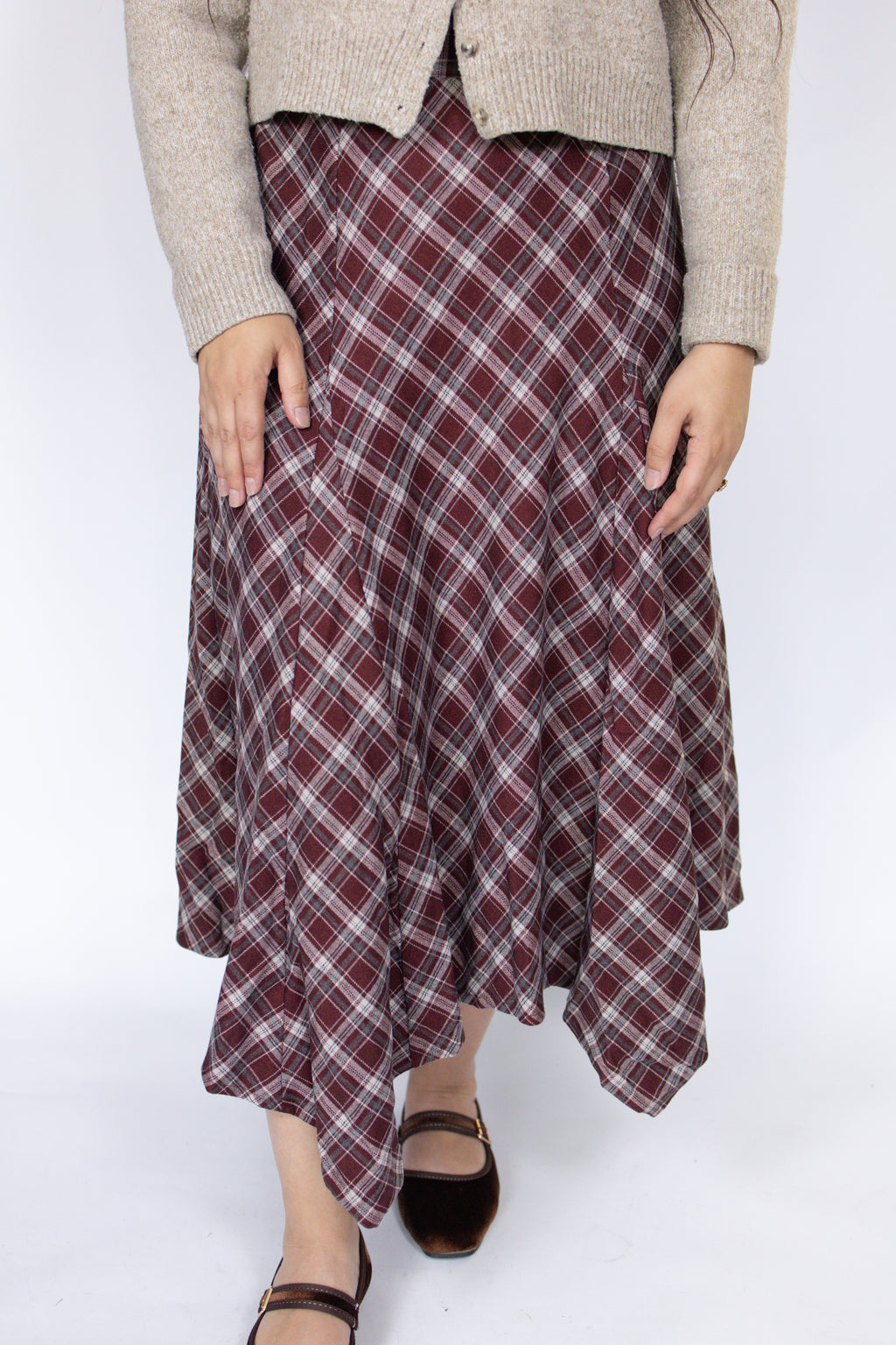 Plaid Hanky Hem Midi Skirt in Burgundy