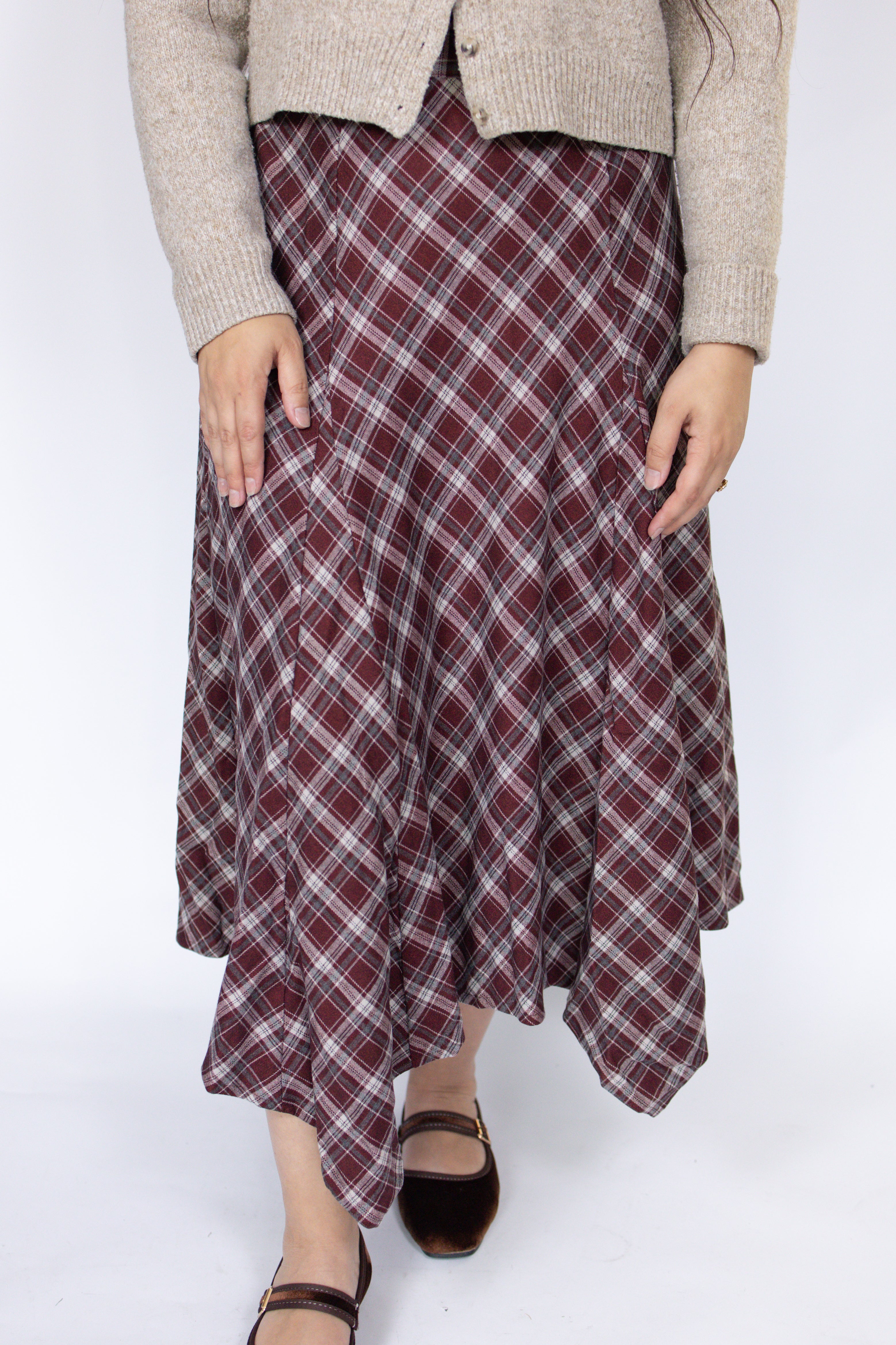 Plaid Hanky Hem Midi Skirt in Burgundy