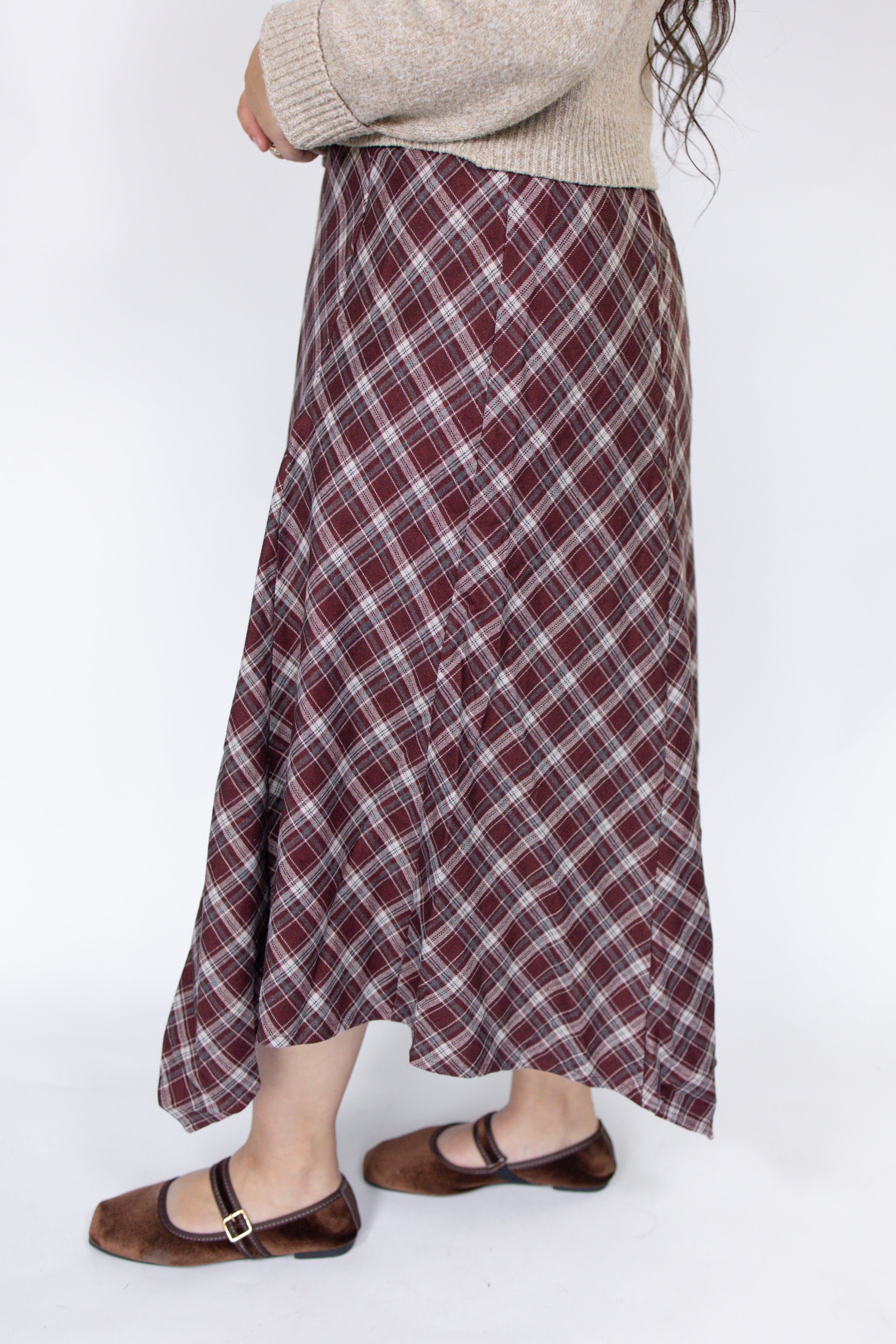 Plaid Hanky Hem Midi Skirt in Burgundy