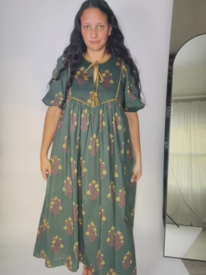 Autumn Cotton Green Floral Dress